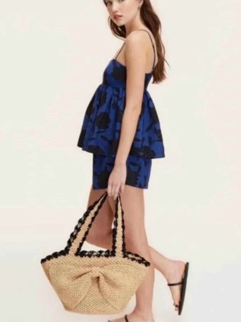 KATE SPADE X Target Raffia Bow Tote Bag Natural with Black Scalloped Trim NWTS
